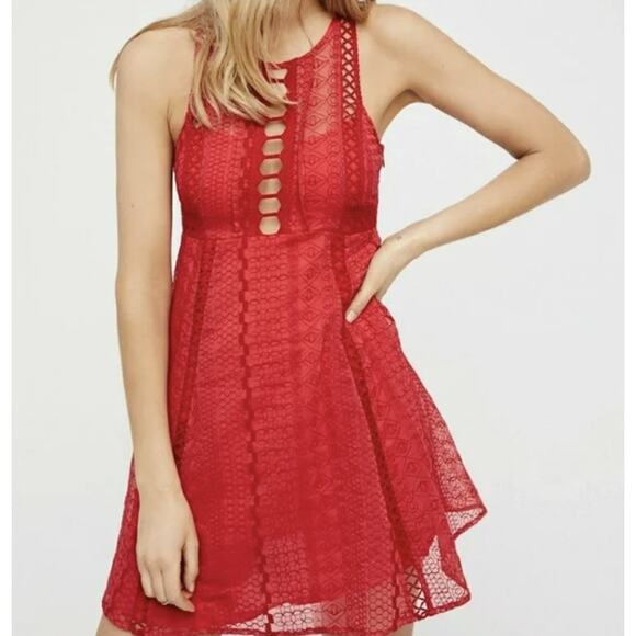 Free People Sundress WMNS 8 Red Lace Keyhole Cutout Mini Sleeveless Vintage Boho - Picture 12 of 13